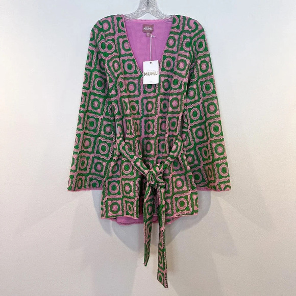 Show Me Your Mumu Treasure Green Pink Crochet Bell Sleeve Mini Dress XS NWT - Picture 3 of 11